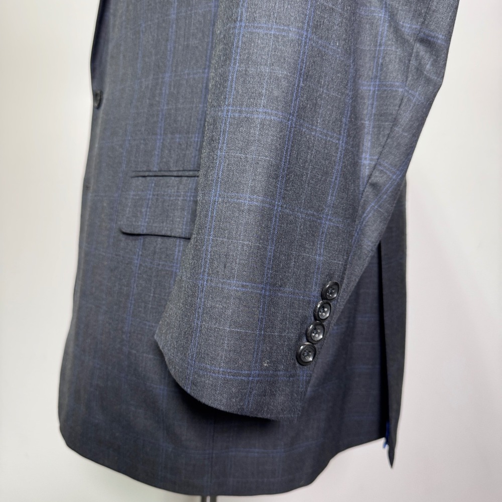 Royal Classic 2-Piece Suit Mens 46R 40x30 Charcoal Blue Windowpane Plaid Wool - Picture 2 of 6